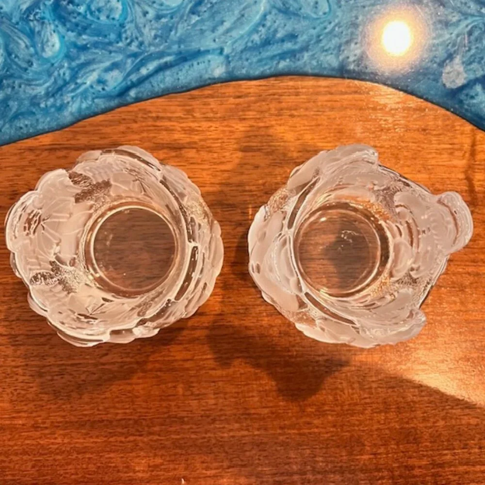 Pair Nybro Sweden Crystal Frosted Glass Angel Santa Votive Candle Holders